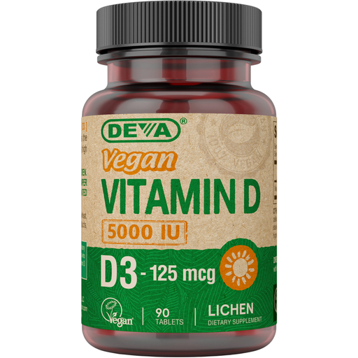 Deva Nutrition Vegan Vitamin D3 5000 IU, 90 tablets, front of bottle