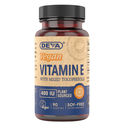 Deva Nutrition Vegan Vitamin E 400 IU with Mixed Tocopherols, 90 capsules, front of bottle