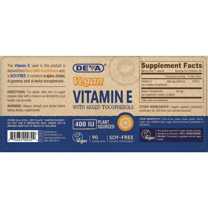 Deva Nutrition Vegan Vitamin E 400 IU with Mixed Tocopherols 90 capsules full label