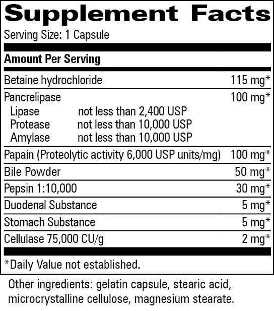 Supplement facts label for a digestive enzyme supplement with various enzymes listed.