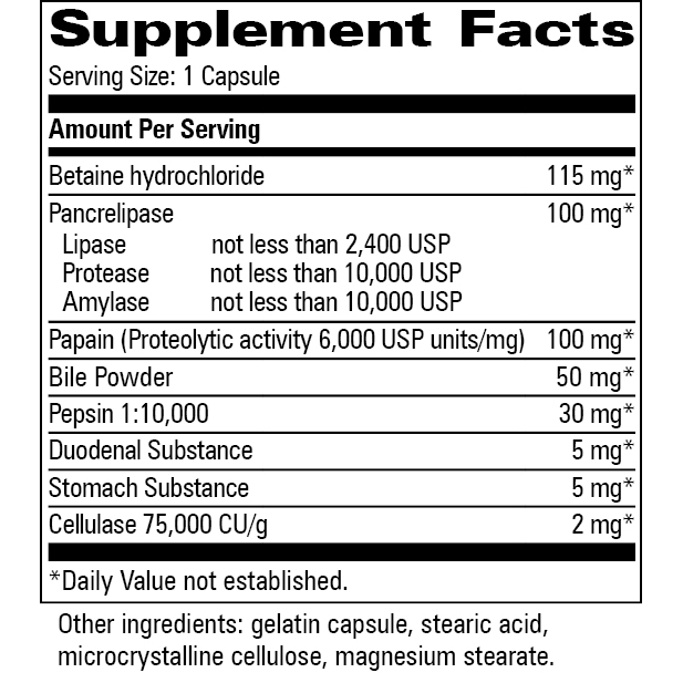 Supplement facts label for a digestive enzyme supplement with various enzymes listed.