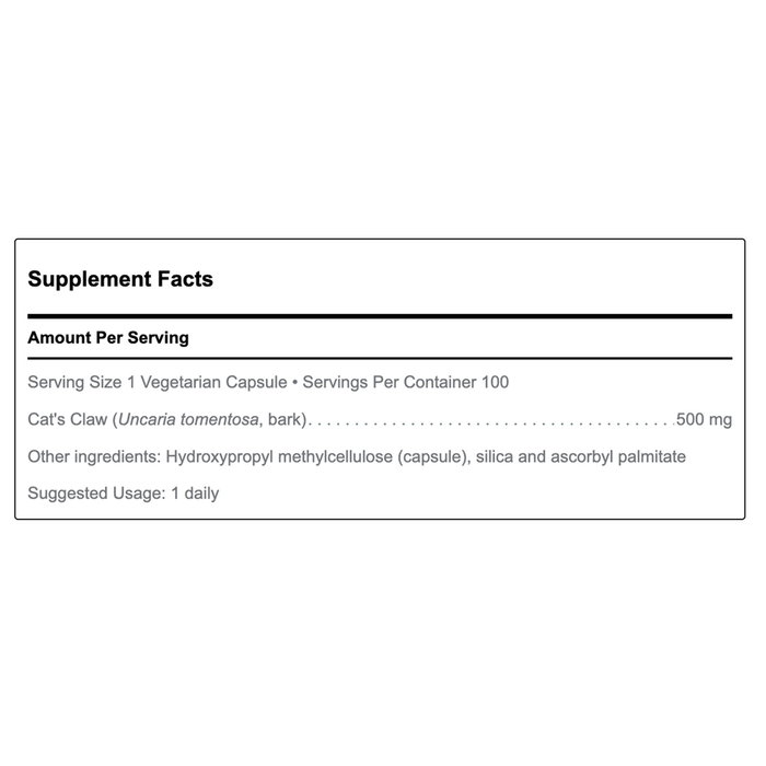 Douglas Labs Cat's Claw 500 mg 100 capsules label text
