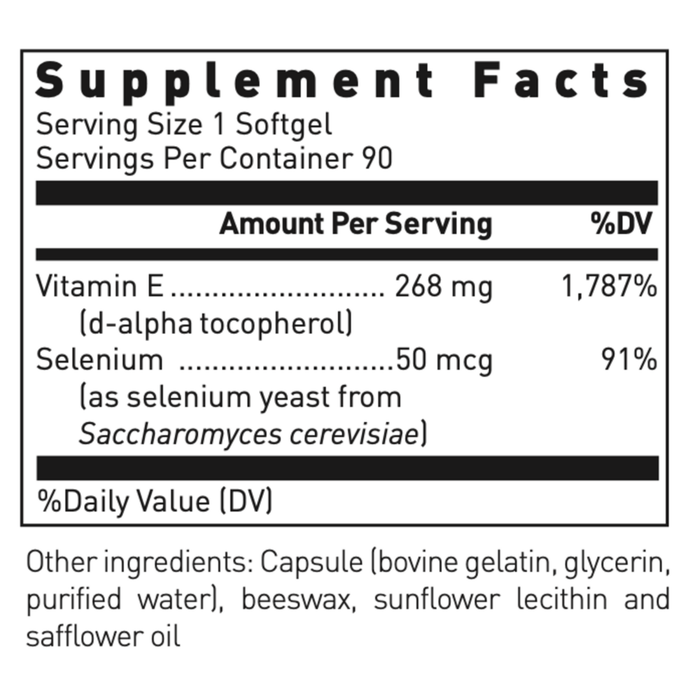 Douglas Labs Selenium + Vitamin E 90 softgels supplement facts label