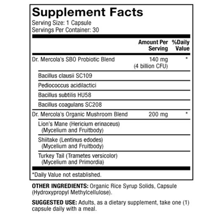Dr. Mercola Complete Probiotics SBO 30 capsules supplement facts label