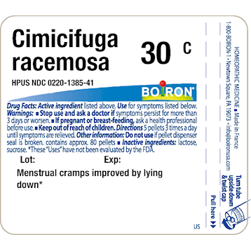 Supplement facts Cimicifuga racemosa 30C 80 plts