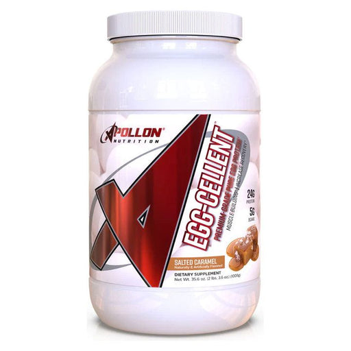 A container of Apollon Nutrition Egg-Cellent Pure Egg Protein powder with a label showing the brand logo, product name, and an image of eggs.