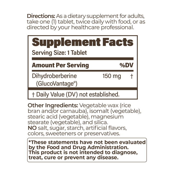 Endurance Products Dihydroberberine SR 150 mg 180 tablets supplement facts label