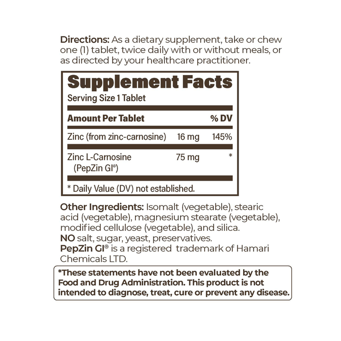 Endurance Products PepzinGI 75 mg 60 tablets supplement facts label