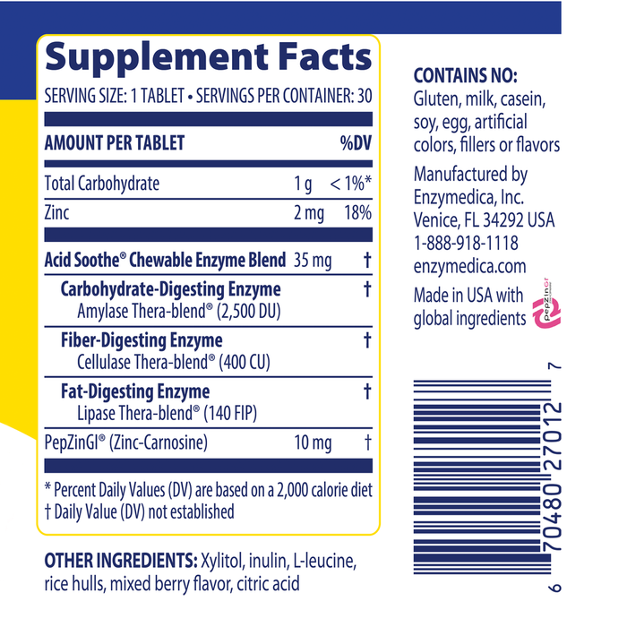 Enzymedica Acid Soothe Chewable Berry 30 chewable tablets supplement facts label