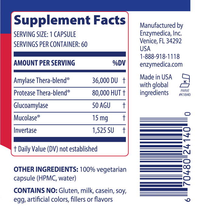 Enzymedica Allerase 60 capsules supplement facts label