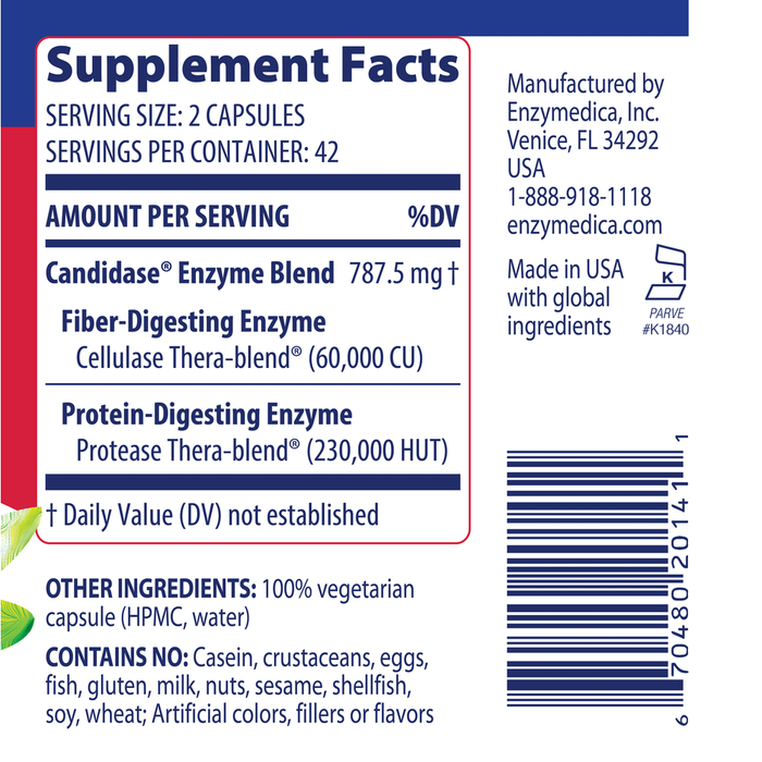 Enzymedica Candidase 84 capsules supplement facts label