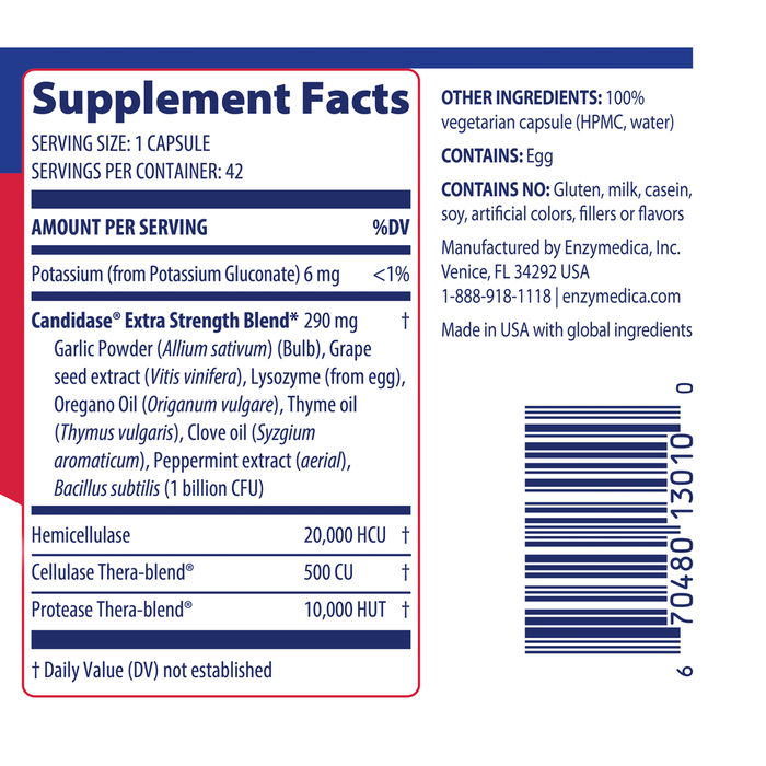 Enzymedica Candidase Extra Strength 42 capsules supplement facts label
