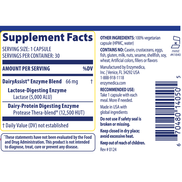 Enzymedica Dairy Assist 30 capsules supplement facts label