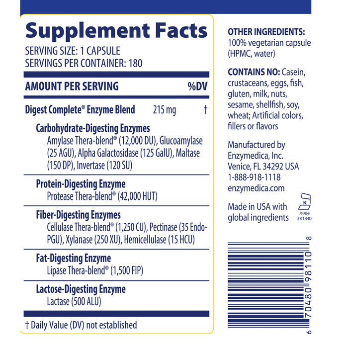 Enzymedica Digest Complete 180 capsules supplement facts label