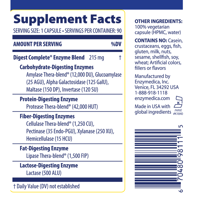 Enzymedica Digest Complete 30 capsules supplement facts label