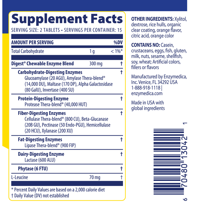 Enzymedica Digest Complete Chewable 30 chewable tablets supplement facts label