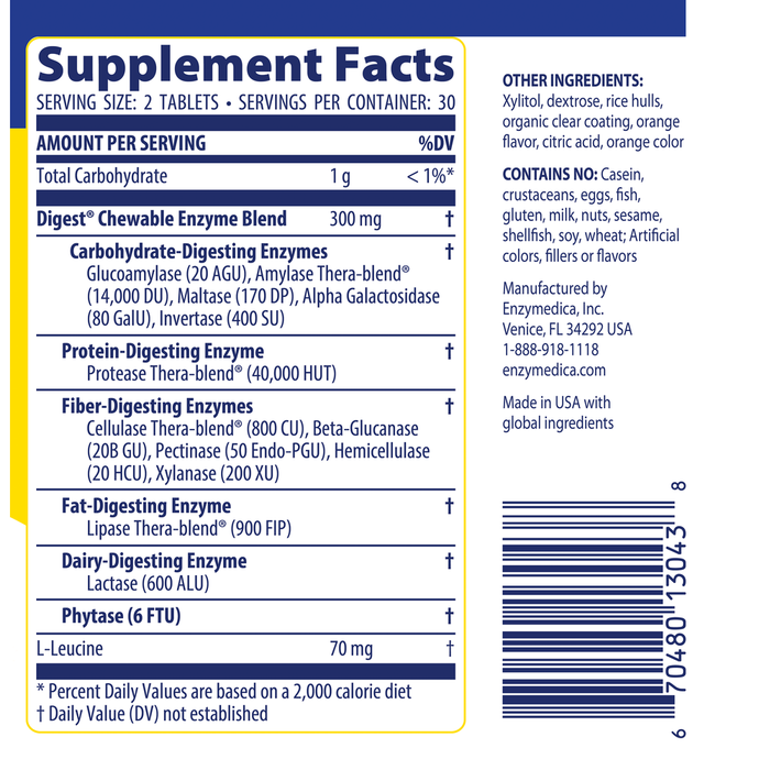 Enzymedica Digest Complete Chewable 60 chewable tablets supplement facts label