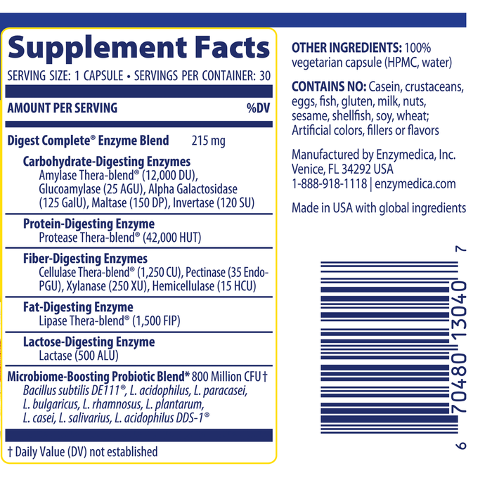 Enzymedica Digest Complete + Probiotics 30 capsules supplement facts label