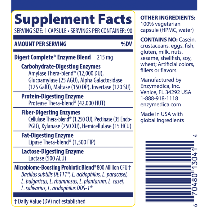 Enzymedica Digest Complete + Probiotics 90 capsules supplement facts label
