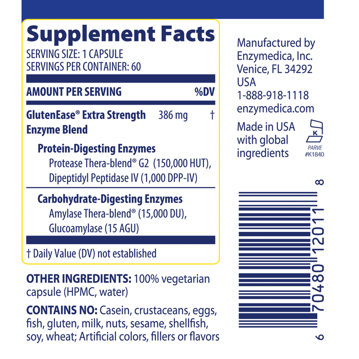 Enzymedica GlutenEase Extra Strength 60 capsules supplement facts label