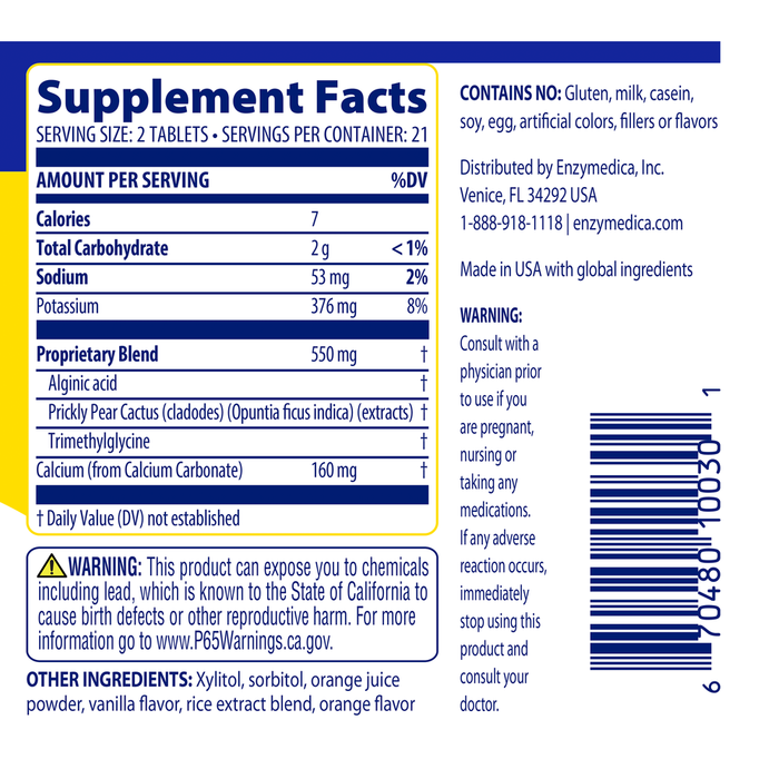 Enzymedica Heartburn Soothe 42 chewable tablets supplement facts label