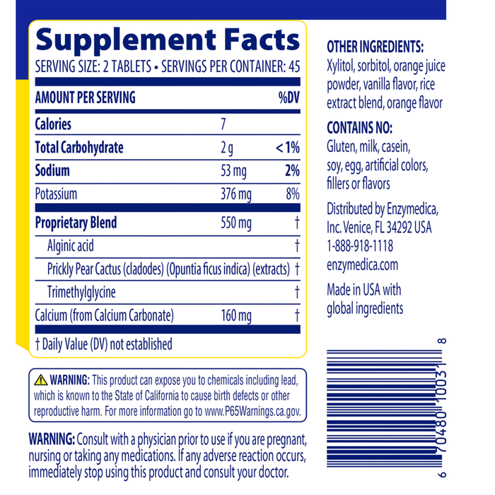 Enzymedica Heartburn Soothe 90 chewable tablets supplement facts label
