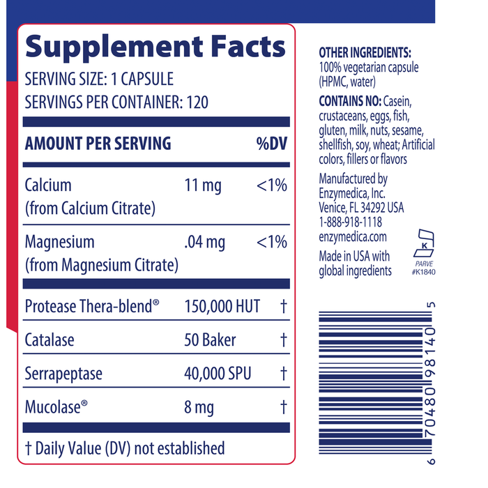 Enzymedica Immune Defense Regular Strength 120 capsules supplement facts label