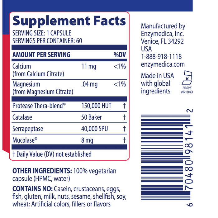 Enzymedica Immune Defense Regular Strength 60 capsules supplement facts label