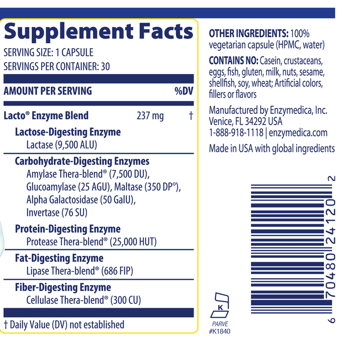 Enzymedica Lacto 30 capsules supplement facts label