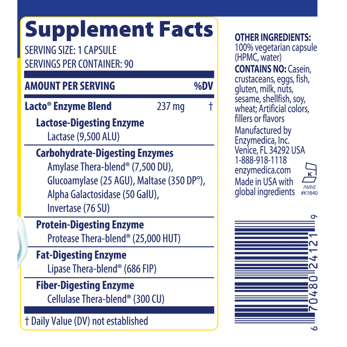 Enzymedica Lacto 90 capsules supplement facts label