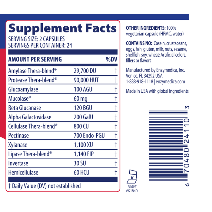 Enzymedica MucoStop 48 capsules supplement facts label