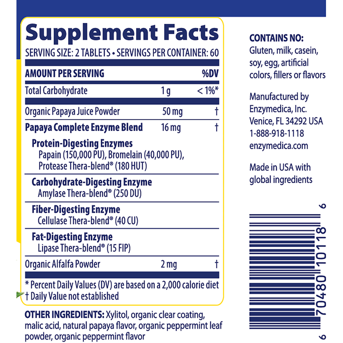 Enzymedica Papaya Complete Daily Digestive Enzymes 120 chewable tablets supplement facts label