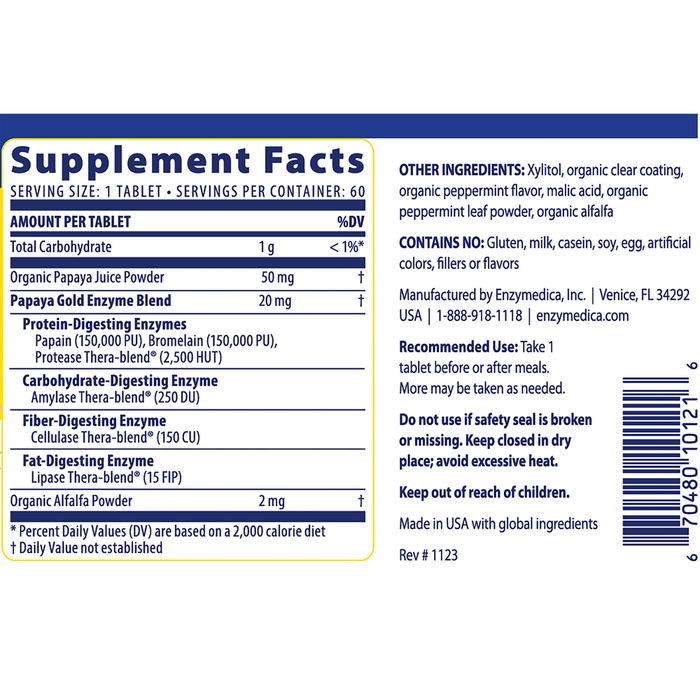 Enzymedica Papaya Gold Advanced Natural Enzyme Formula 60 chewable tablets supplement facts label