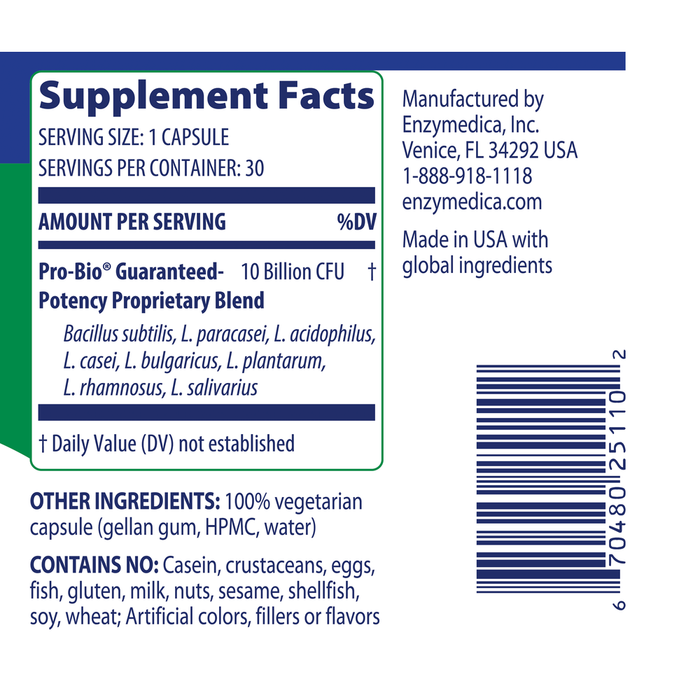 Enzymedica Pro-Bio 30 capsules supplement facts label