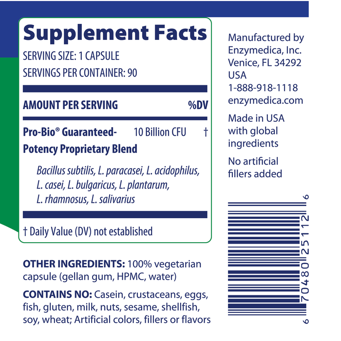Enzymedica Pro-Bio 90 capsules supplement facts label