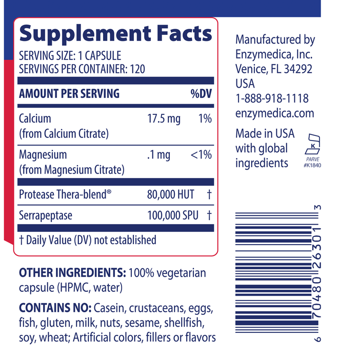 Enzymedica SerraGold 120 capsules supplement facts label