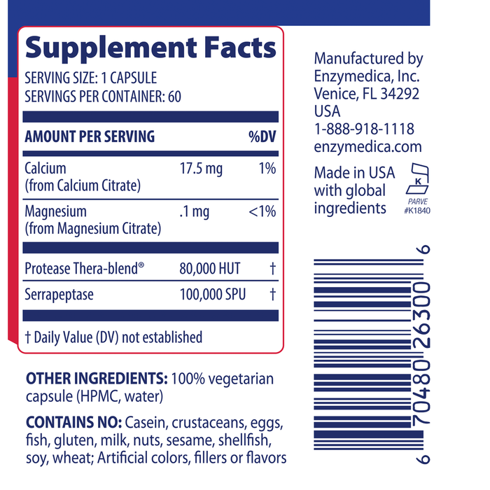 Enzymedica SerraGold 60 capsules supplement facts label