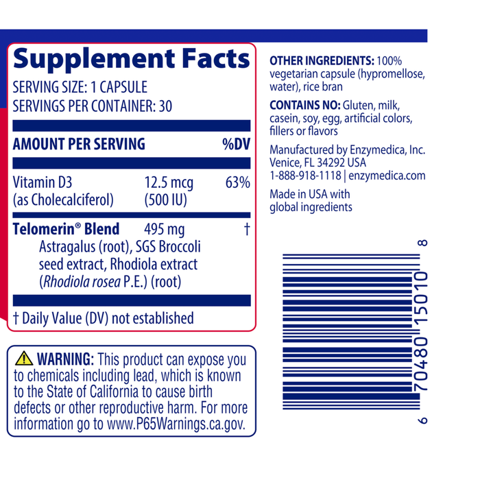 Enzymedica Telomere Plus 30 capsules supplement facts label