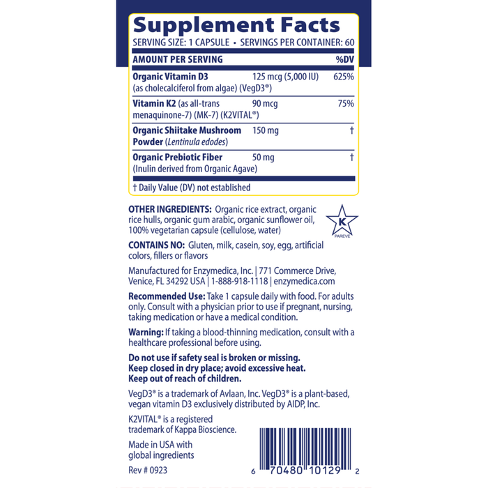 Enzymedica Vitamin D3 + Vitamin K2 60 capsules supplement facts label