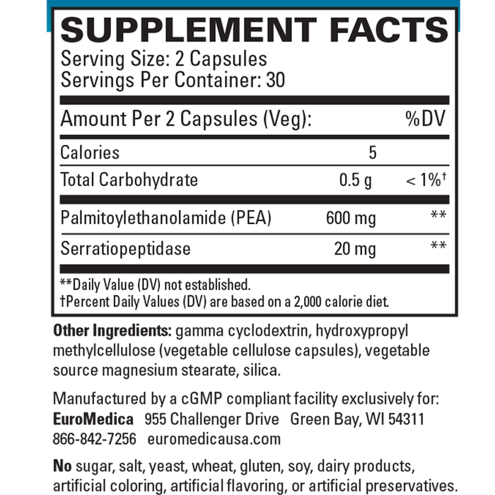 EuroMedica PEA 600 mg Healthy Inflammation Response 60 capsules supplement facts label