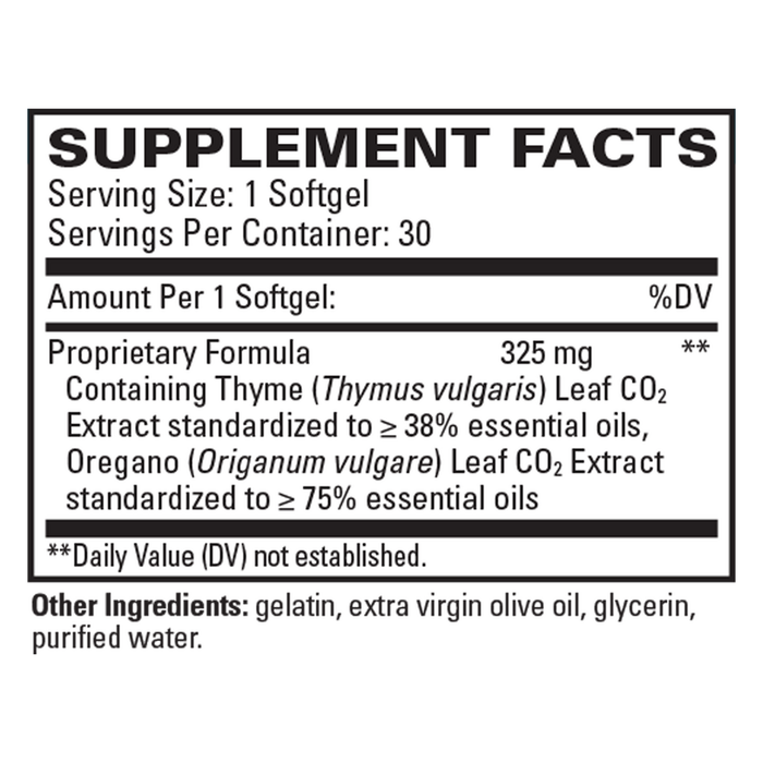 EuroMedica Thyme plus Oregano 30 softgels supplement facts label