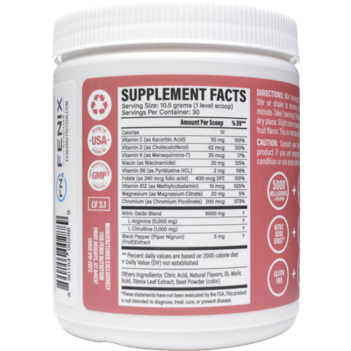 Fenix Nutrition Circulation Cardio Support Mixed Berry 11.1 oz supplement facts label