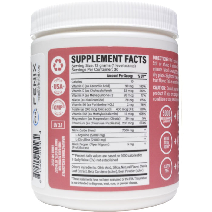 Fenix Nutrition Circulation Cardio Support Peach Lemonade 12.3 oz supplement facts label