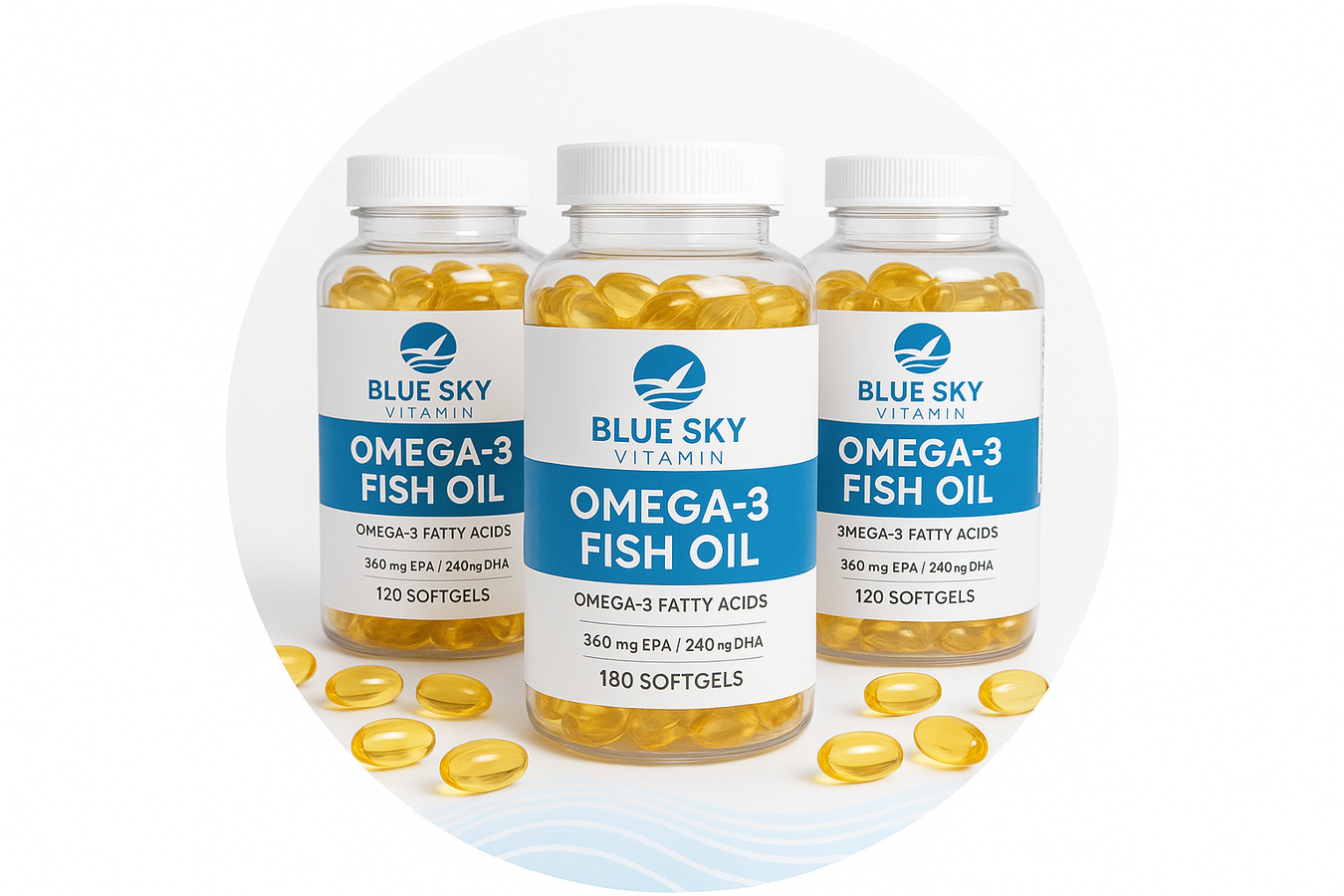 Three bottles of Blue Sky Vitamin Omega-3 Fish Oil with scattered capsules on a white background.