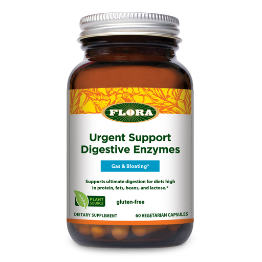 Flora Urgent Support Digestive Enzymes, 60 capsules, front of bottle
