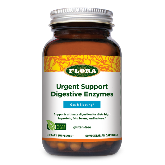 Flora Urgent Support Digestive Enzymes, 60 capsules, front of bottle