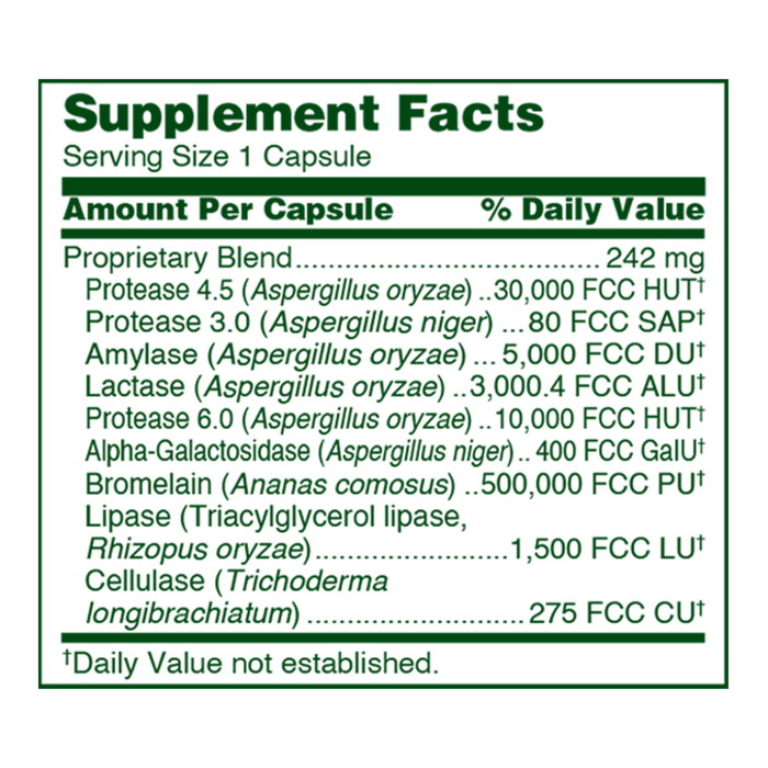 Flora Urgent Support Digestive Enzymes 60 capsules supplement facts label