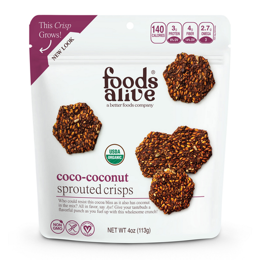 Foods Alive Coco-Coconut Sprouted Crisps, 4 oz, front of pouch