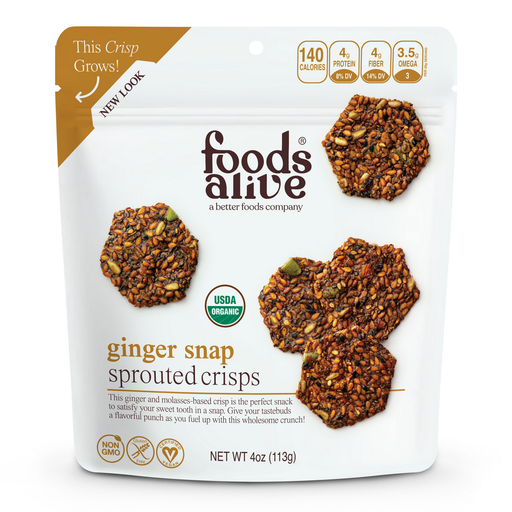 Foods Alive Ginger Snap Sprouted Crisps, 4 oz, front of pouch