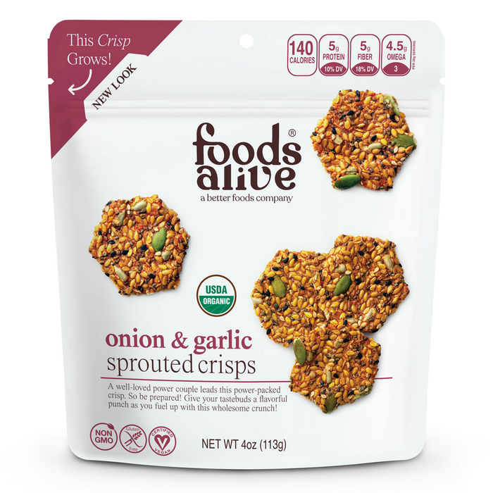 Foods Alive Onion & Garlic Sprouted Crisps, 4 oz, front of pouch